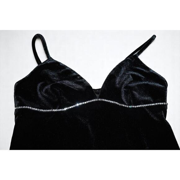 Rave Girl Black Velvet Rhinestone Trim Mini Dress – XS – Y2K Glam Party Style - Picture 8 of 11